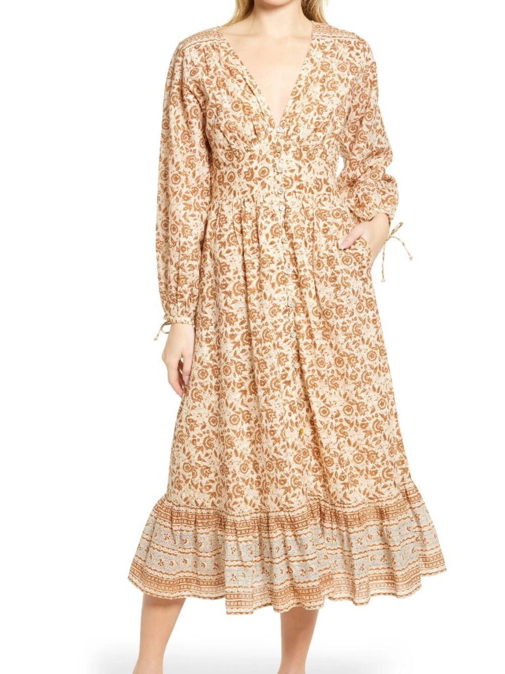 Cleobella Valentin Dress Metallic Beige Block Print, Size Medium